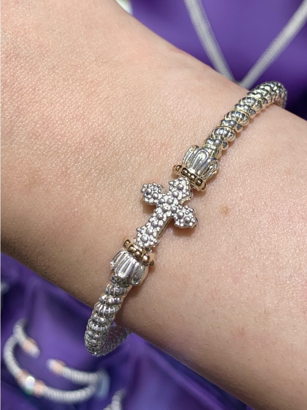 VAHAN 14K Gold and Sterling Silver, Cross Stackable Bracelet